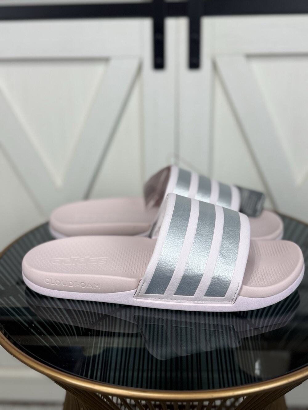 Adidas Adilette Comfort 2.0 Slides Women Pink Silver Metallic Comfort Size 9 NWT